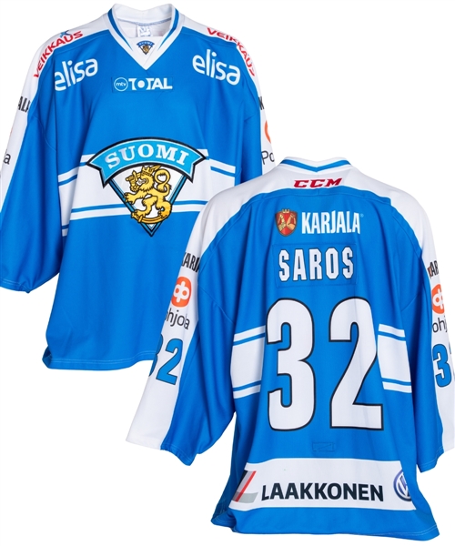 Juuse Saros 2014-15 Team Finland World Championship Pre-Tournament Game-Worn Jersey with Finnish Ice Hockey Association COA