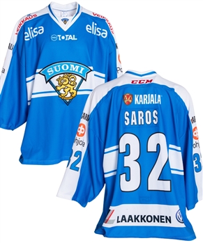 Juuse Saros 2014-15 Team Finland World Championship Pre-Tournament Game-Worn Jersey with Finnish Ice Hockey Association COA