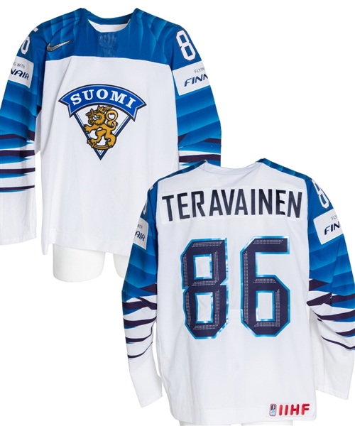 Teuvo Teravainens 2018 IIHF World Championship Team Finland Game-Worn Jersey with Finnish Ice Hockey Association COA 