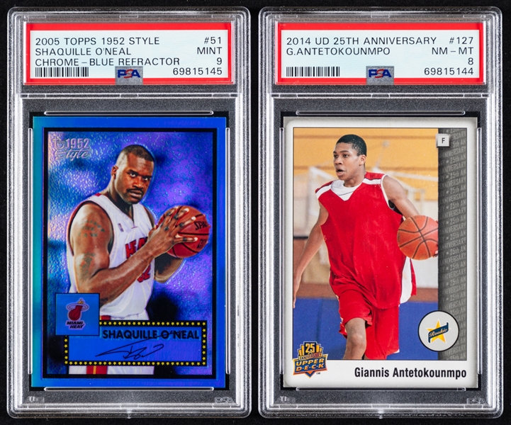 Shaquille ONeal 2005-06 Topps "1952 Style" Chrome Blue Refractor Basketball Card #51 (PSA 9 - 056/149) and 2014 UD 25th Basketball Card #127 Giannis Antetokounmpo (PSA 8)