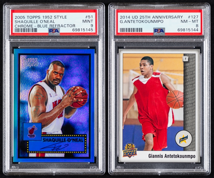 Shaquille ONeal 2005-06 Topps "1952 Style" Chrome Blue Refractor Basketball Card #51 (PSA 9 - 056/149) and 2014 UD 25th Basketball Card #127 Giannis Antetokounmpo (PSA 8)