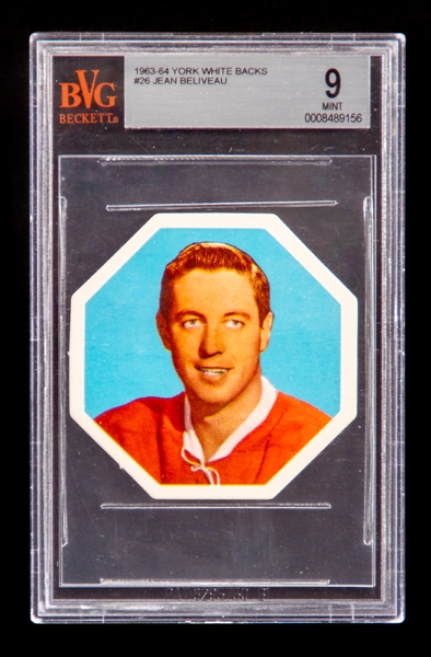 1963-64 York Peanut Butter (White Back) Hockey Card #26 HOFer Jean Beliveau - Graded Beckett MINT 9