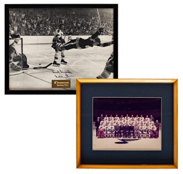 Bobby Orr Boston Bruins Signed "The Goal" Laminated Photo Framed Display and 1970-71 St. Louis Blues Framed Team Photo