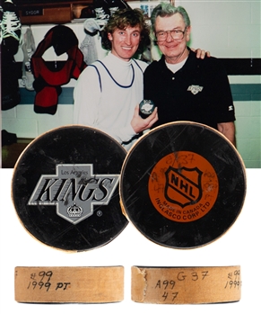 Wayne Gretzkys 1990-91 Los Angles Kings 1999th NHL Career Point Milestone Puck (20th Point of Season) with Great Provenance