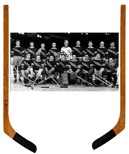 New York Rangers 1935-36 Team-Signed Mini-Stick Including Deceased HOFers Morenz, Boucher, Johnson, Lynn and Lester Patrick, Bun and Bill Cook and Coulter with Classic Auctions LOA