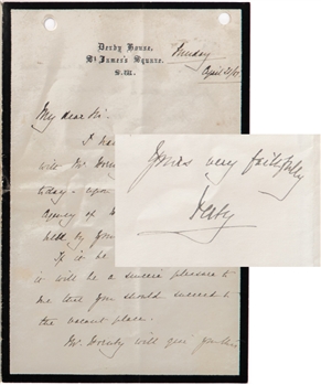 Lord Stanley Signed 1907 Letter on "Derby House - St. James Square" Letterhead - Signed "Derby" with Classic Auctions LOA (7" x 9")