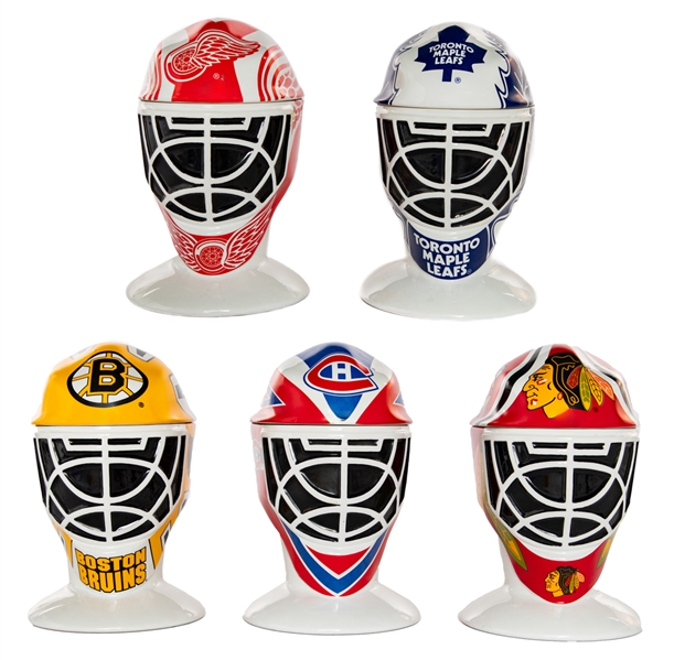 Frank Mahovlichs Original Six Longton Crown Goalie Mask Tankards (3) From His Personal Collection with His Signed LOA Plus Two Others