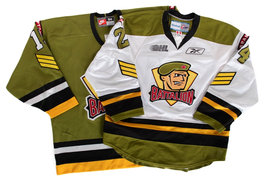 Matt Greniers 1999-2000 and Matt MacLeods 2011-12 OHL Brampton Battalion Game-Worn Jerseys with Team COAs