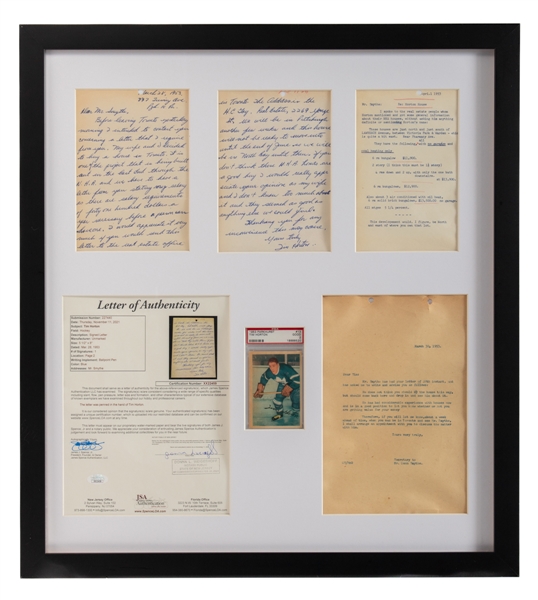 Deceased HOFer Tim Horton Signed 1953 Handwritten Letter Sent to Conn Smythe (JSA LOA) and 1953-54 Parkhurst Hockey Card #13 of Tim Horton (Graded PSA 2) Framed Display