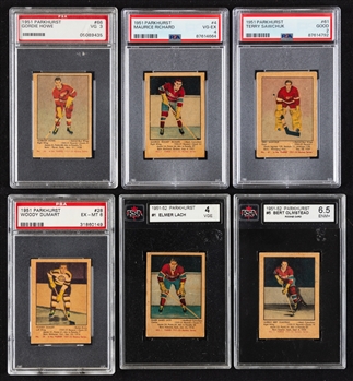 1951-52 Parkhurst Hockey Complete 105-Card Set with PSA-Graded Rookie Cards of HOFers #4 Maurice Richard (VG-EX 4), #61 Terry Sawchuk (GD 2) and #66 Gordie Howe (VG 3)