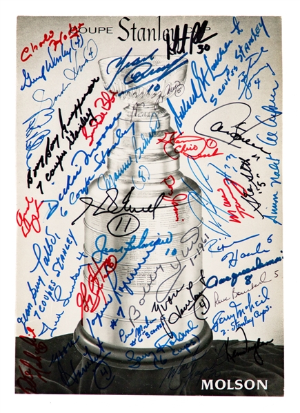 Stanley Cup Winners Signed Print by 35+ Including Deceased HOFers Howe, Richard Bros, Beliveau, Geoffrion, Moore, Worsley, Lafleur and Hull Plus HOFers Inc. Dryden, Roy, Brodeur and Others with LOA