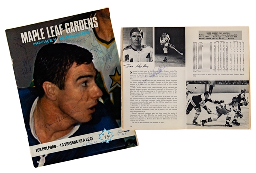 Toronto Maple Leafs 1968-69 Hockey Program Cover Signed by 7 Including Deceased HOFer Tim Horton Plus 1970-71 New York Rangers Media Guide Signed by 5 Also Inc. Tim Horton with LOA