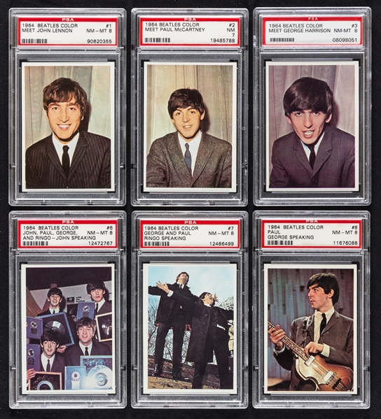 1964 Topps Beatles Color Near Complete Card Set (63/64) with 61 PSA Graded Cards Including PSA NM 7 (3 Cards), PSA NM-MT 8 (55 Cards) and PSA 9 (OC - 3 Cards) - Also Includes Wrapper!