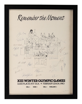 Team USA 1980 Olympic Team "Remember The Moment" Team-Signed Framed Poster Including Herb Brooks, Jim Craig and Mike Eruzione (20" x 26")