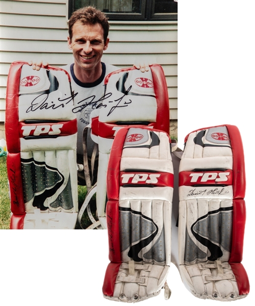 Dominik Haseks 2000-01 Buffalo Sabres Dual-Signed TPS X-Hale Game-Worn Pads - Vezina Trophy Winning Season! - Photo-Matched!