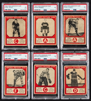 1933-34 Canadian Chewing Gum V252 Hockey PSA-Graded Complete 50-Card Set - Includes Numerous HOFers Inc. Morenz, Joliat, Clancy, Hainsworth RC, L. Conacher RC, Bailey RC, C. Conacher RC and Many More