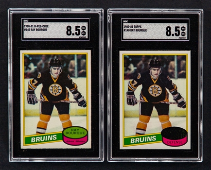 1980-81 O-Pee-Chee Hockey Card #140 HOFer Ray Bourque Rookie (Graded SGC 8.5) and 1980-81 Topps Hockey Card #140 HOFer Ray Bourque Rookie (Graded SGC 8.5)