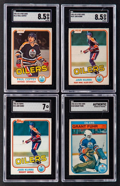 1981-82 O-Pee-Chee Rookie Cards of HOFers #111 Paul Coffey (Graded SGC 8.5) and #107 Jari Kurri (Graded SGC 8.5) Plus 1981-82 Topps #18 Kurri RC (SGC 7) and 1982-83 O-Pee-Chee #105 Fuhr RC (SGC Auth)