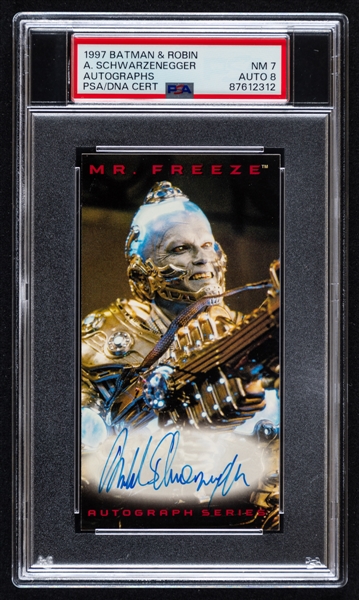 1997 SkyBox Batman & Robin Autograph Series Arnold Schwarzenegger Signed Card (Mr. Freeze) - Card Graded PSA 7 - PSA/DNA Certified Auto Graded 8