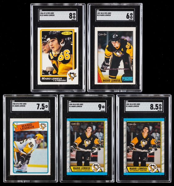 1986-87 to 1989-90 O-Pee-Chee and Topps SGC-Graded Hockey Cards of HOFer Mario Lemieux (9) Inc. 1986-87 OPC #122 (SGC 8) and 1987-88 Topps #15 (SGC 9)