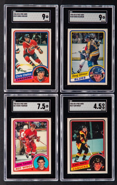 1984-85 O-Pee-Chee SGC-Graded Rookie Cards of HOFers #259 Chris Chelios (SGC 9), #185 Doug Gilmour (SGC 9), #67 Steve Yzerman (SGC 7.5) and #327 Cam Neely (SGC 4.5)