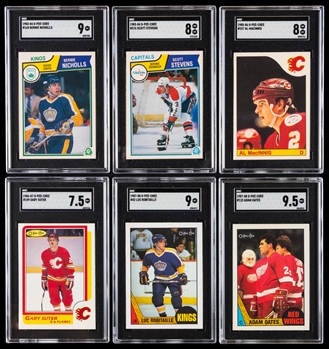 1983-84 to 1987-88 O-Pee-Chee SGC-Graded Rookie Cards (6) Including 1985-86 #237 HOFer Al MacInnis (SGC 8), 1987-88 #42 HOFer Luc Robitaille (SGC 9) and 1987-88 #123 HOFer Adam Oates (SGC 9.5)