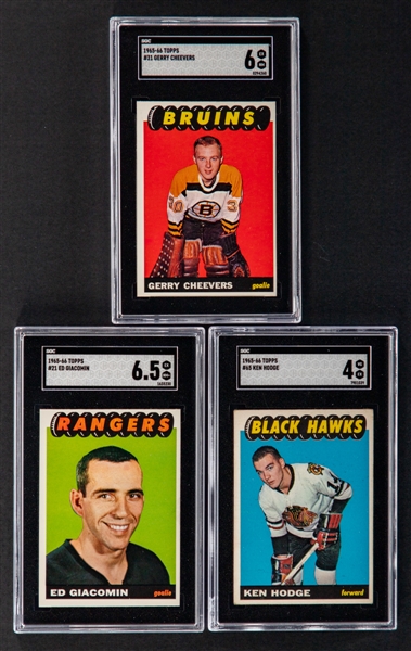 1965-66 Topps SGC-Graded Rookie Hockey Cards of #31 HOFer Gerry Cheevers (SGC 6), #21 HOFer Ed Giacomin (SGC 6.5) and of #65 Ken Hodge (SGC 4)