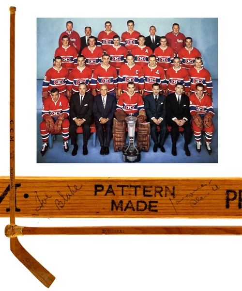 Bobby Rousseaus Circa 1961 Montreal Canadiens Team-Signed Pre-Season Exhibition Tour Game-Used CCM Stick Including Deceased HOFers Plante, Beliveau, H. Richard, Blake, Geoffrion, Johnson and Reardon