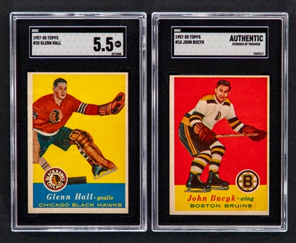 1957-58 Topps Hockey Card #20 HOFer Glenn Hall Rookie (Graded SGC 5.5) and 1957-58 Topps Hockey Card #10 HOFer Johnny Bucyk Rookie (Graded SGC Authentic / Trimmed)