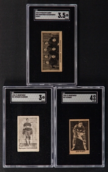 1925-27 Anonymous SGC-Graded Hockey Cards #31 HOFer Sprague Cleghorn (SGC 3) and #97 HOFer Nels Stewart (SGC 4) Plus 1928-29 Paulins Candy #25 Chartered Accountants (Graded SGC 3.5)
