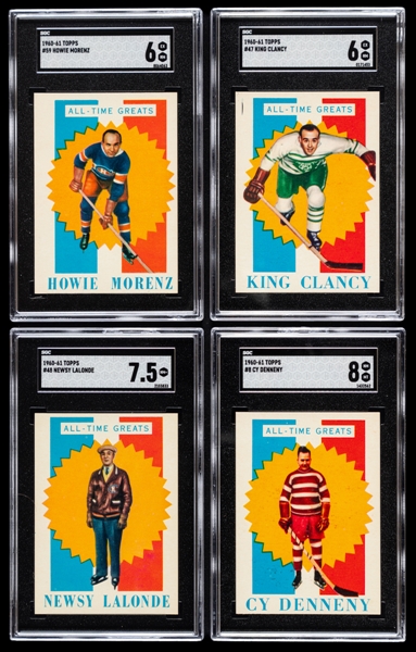 1960-61 Topps "All-Time Greats" SGC-Graded Hockey Cards (5) Including HOFers Morenz, Clancy, Lalonde, Denneny and Ross Plus 1979-80 OPC/Topps SGC-Graded Hockey Cards #185 of HOFer Bobby Hull