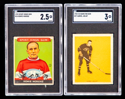 1933-34 Goudey Sport Kings Hockey Card #24 HOFer Howie Morenz (Graded SGC 2.5) and 1933-34 Hamilton Gum V288 Hockey Card #27 HOFer Aurele Joliat (Graded SGC 3)