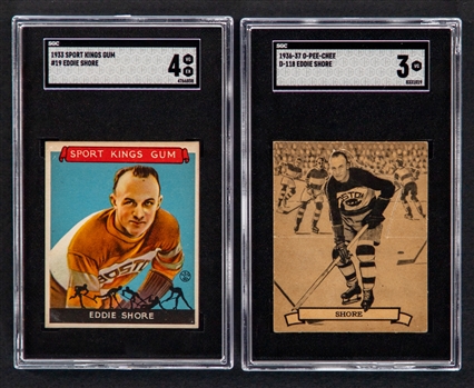1933-34 Goudey Sport Kings Hockey Card #19 HOFer Eddie Shore (Graded SGC 4) and 1936-37 O-Pee-Chee Series "D" (V304D) Hockey Card #118 HOFer Eddie Shore (Graded SGC 3)
