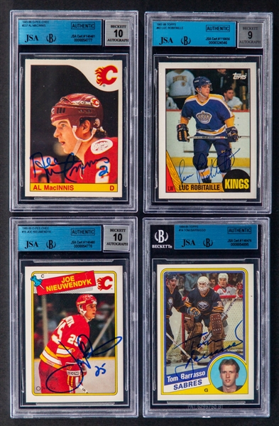 1984-85 to 1988-89 O-Pee-Chee/Topps Signed Hockey Rookie Cards of HOFers Al MacInnis, Luc Robitaille and Joe Nieuwendyk Plus Tom Barrasso (JSA/Beckett Certified Authentic Autographs)