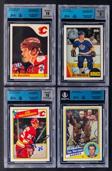 1984-85 to 1988-89 O-Pee-Chee/Topps Signed Hockey Rookie Cards of HOFers Al MacInnis, Luc Robitaille and Joe Nieuwendyk Plus Tom Barrasso (JSA/Beckett Certified Authentic Autographs)