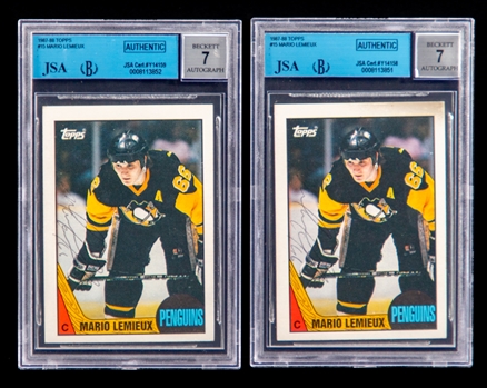 1987-88 Topps Signed Hockey Cards #15 HOFer Mario Lemieux (JSA/Beckett Certified Authentic Autographs - Autographs Graded 7)