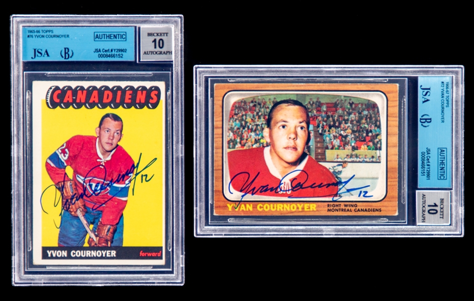 1965-66 Topps Signed Hockey Card #76 HOFer Yvan Cournoyer Rookie & 1966-67 Topps Signed Card #72 HOFer Yvan Cournoyer (JSA/Beckett Certified Authentic Autographs - Autographs Graded 10)