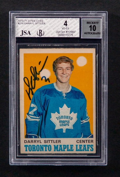 1970-71 O-Pee-Chee Signed Hockey Card #218 HOFer Darryl Sittler Rookie (Card Graded Beckett VG-EX 4) (JSA/Beckett Certified Authentic Autograph - Autograph Graded 10)