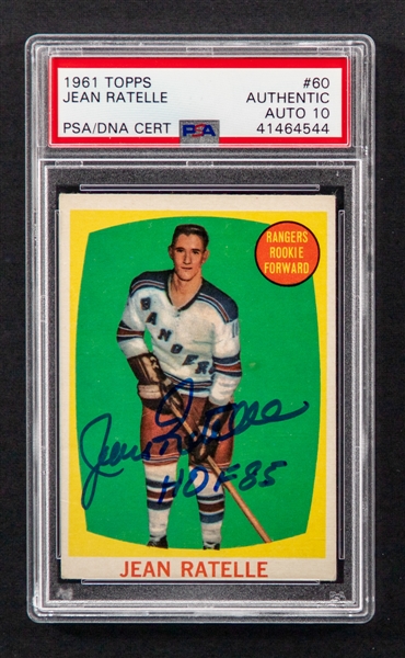 1961-62 Topps Signed Hockey Card of #60 HOFer Jean Ratelle Rookie (PSA/DNA Certified Authentic Autograph - Auto 10) 