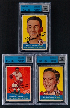 1957-58 Topps Signed Hockey Cards of HOFers #46 Norm Ullman Rookie, #22 Pierre Pilote Rookie (Dec.) and #21 Ted Lindsay (Dec.) (JSA/Beckett Certified Authentic Autographs - Autographs Graded 10)