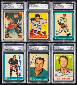 1957-58 to 1970-71 Topps and Parkhurst Signed New York Rangers Hockey Cards (6) Including HOFers Worsley, Park (RC), Howell and Olmstead (PSA/DNA Certified Authentic Autographs)