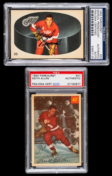 1962-63 Parkhurst Signed Hockey Card #33 Deceased HOFer Marcel Pronovost and 1954-55 Parkhurst Signed Card #47 Keith Allen Rookie (PSA/DNA Certified Authentic Autographs)