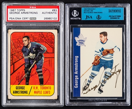 1967-68 Topps and 1994 Parkhurst Signed Hockey Cards of Deceased HOFer George Armstrong (PSA/DNA and JSA/Beckett Certified Authentic Autographs)