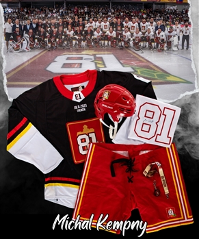 Michal Kempny’s Team Black 2023 Marian Hossa "Goodbye Game" Signed Game-Issued Jersey and Game-Worn Bauer Helmet Plus Pant Shells and Additional Items 