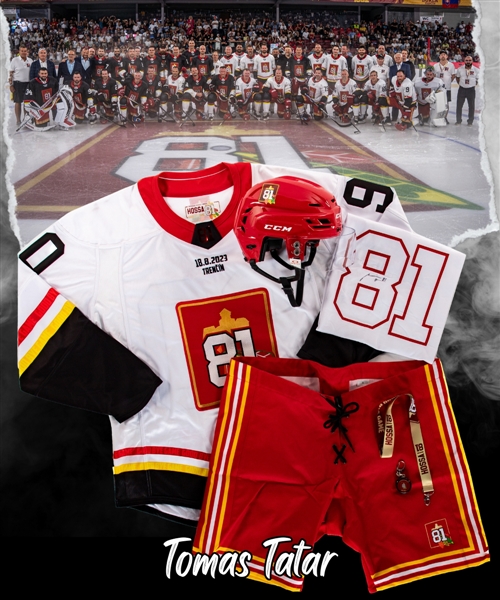 Tomas Tatar’s Team White 2023 Marian Hossa "Goodbye Game" Signed Game-Issued Jersey and Game-Worn CCM Helmet Plus Pant Shells and Additional Items