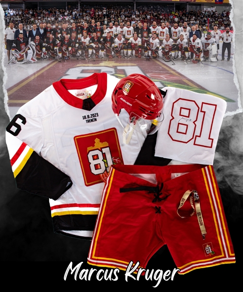 Marcus Kruger’s Team White 2023 Marian Hossa "Goodbye Game" Signed Game-Issued Jersey and Game-Worn Bauer Helmet Plus Pant Shells and Additional Items