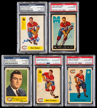 1958-59 to 1962-63 Parkhurst Signed Montreal Canadiens Hockey Cards (5) Inc. Deceased HOFers Henri Richard (2) and Ken Reardon (PSA/DNA Certified Authentic Autographs)