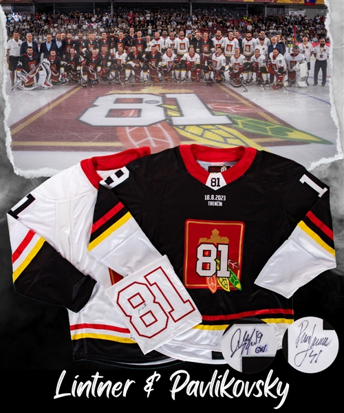 Rastislav Pavlikovskys Team Black and Richard Lintner’s Team White 2023 Marian Hossa "Goodbye Game" Signed Game-Issued Jerseys Plus Marian Hossa Signed T-Shirt