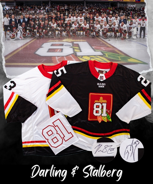 Viktor Stalberg’s Team Black and Scott Darling’s Team White 2023 Marian Hossa "Goodbye Game" Signed Game-Issued Jerseys Plus Marian Hossa Signed T-Shirt