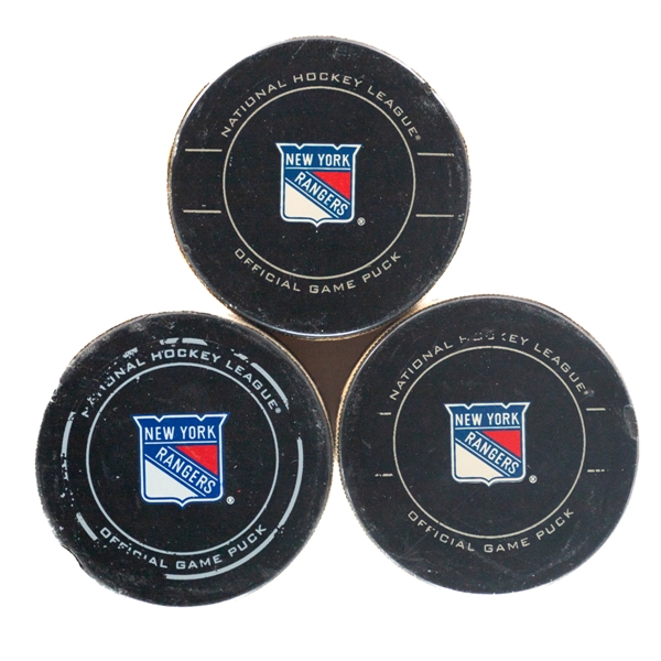 Marcus Johansson, Ryan Callahan and Brian Boyle (New York Rangers) NHL Goal Pucks with Steiner LOAs